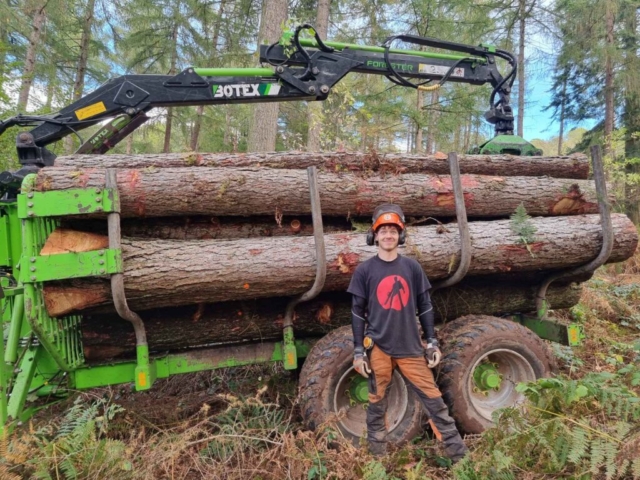 Connor looks pleased with himself! We love felling sustainably and managing woodland