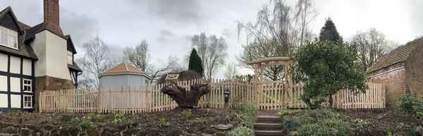 27 Cleft Chestnut rose arch, gate and picket fence Cleft Chestnut rose arch, gate and picket fence