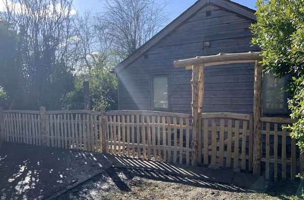 11 Cleft Chestnut rose arch and picket fence with hand rail Cleft Chestnut rose arch and picket fence with hand rail
