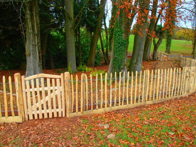 009 Cleft Chestnut paling with gravel board and Harvest gate rustic Cleft Chestnut paling with Harvest gate