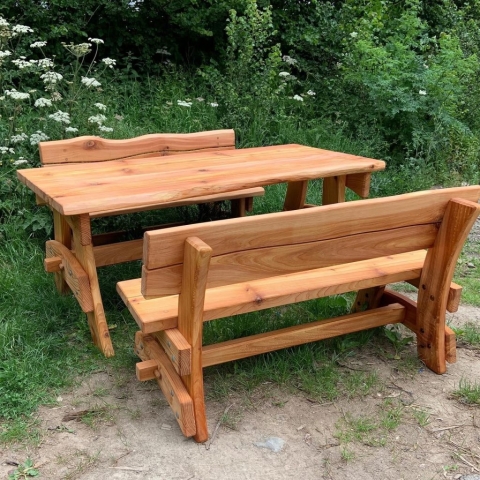 Chestnut trestle bench set Chestnut trestle bench set