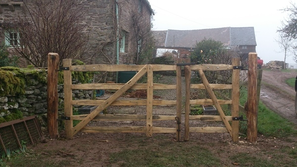 A pair of cleft Chestnut Mordiford gates with blacksmith forged furniture A pair of rustic cleft Chestnut mordiford gates with blacksmith forged furniture