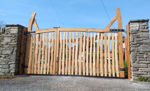 Eardisley Gate - This unique gate was made as a wedding present, so we milled up a forked oak tree, each gate is made from a different half. A (tree) union for a (people) union. Eardisley Gate - This unique gate was made as a wedding present, so we milled up a forked oak tree, each gate is made from a different half. A (tree) union for a (people) union.