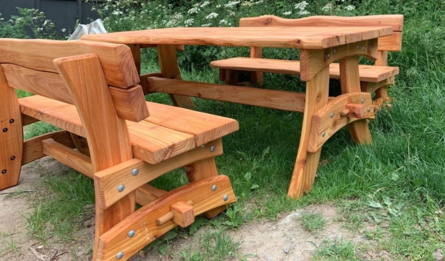 Chestnut trestle table and benches with backs Chestnut trestle table and benches with backs